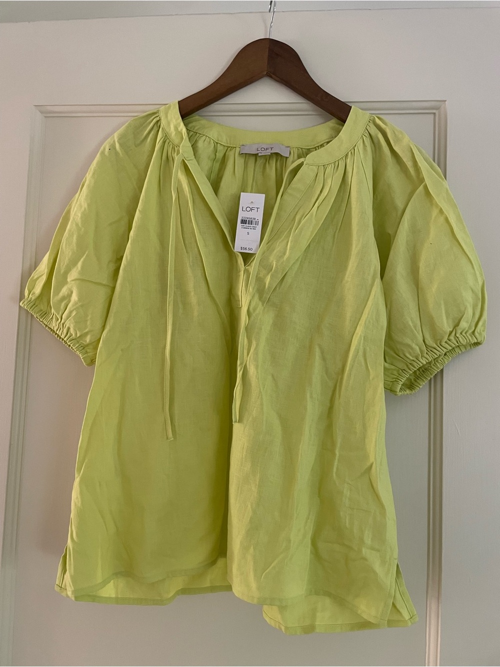 LOFT Lime Green Peasant Tie-Neck Blouse